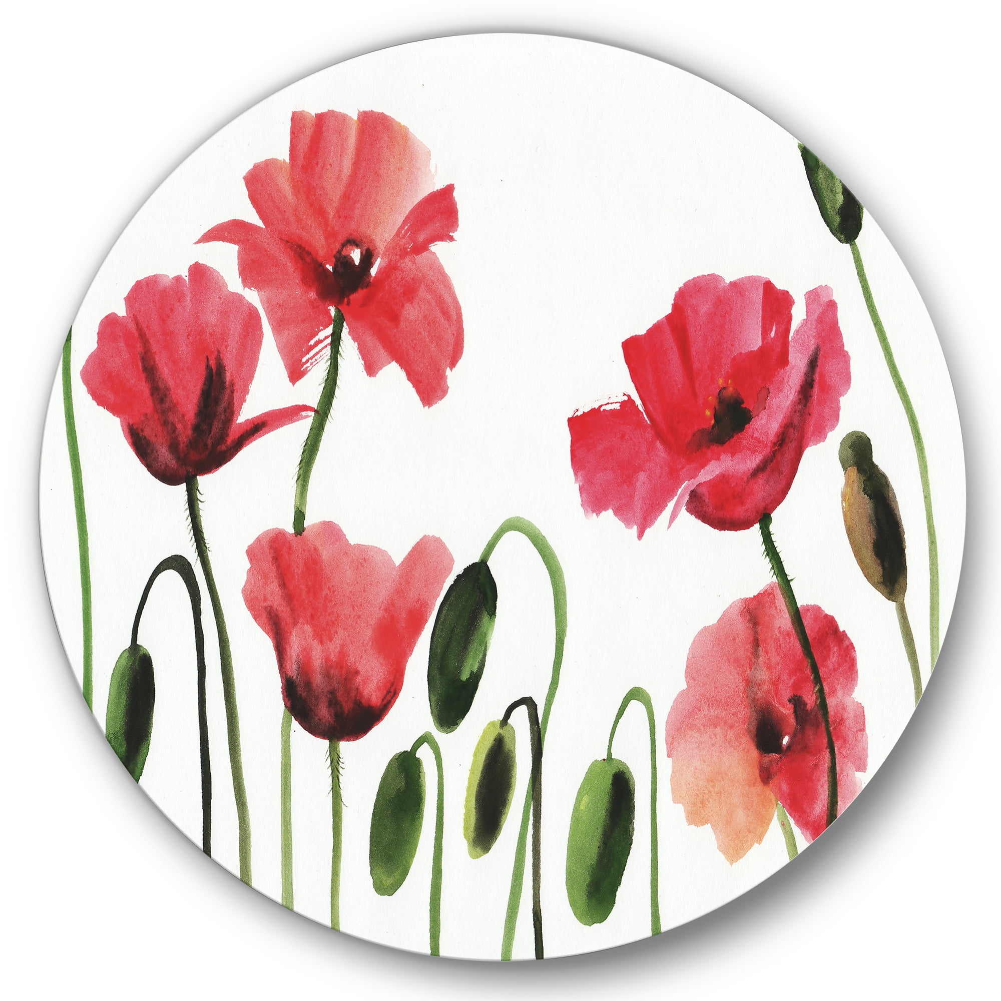 Designart 'Ancient Red Blooming Poppies' Traditional Circle Metal Wall Art 11x11 - Disc of 11