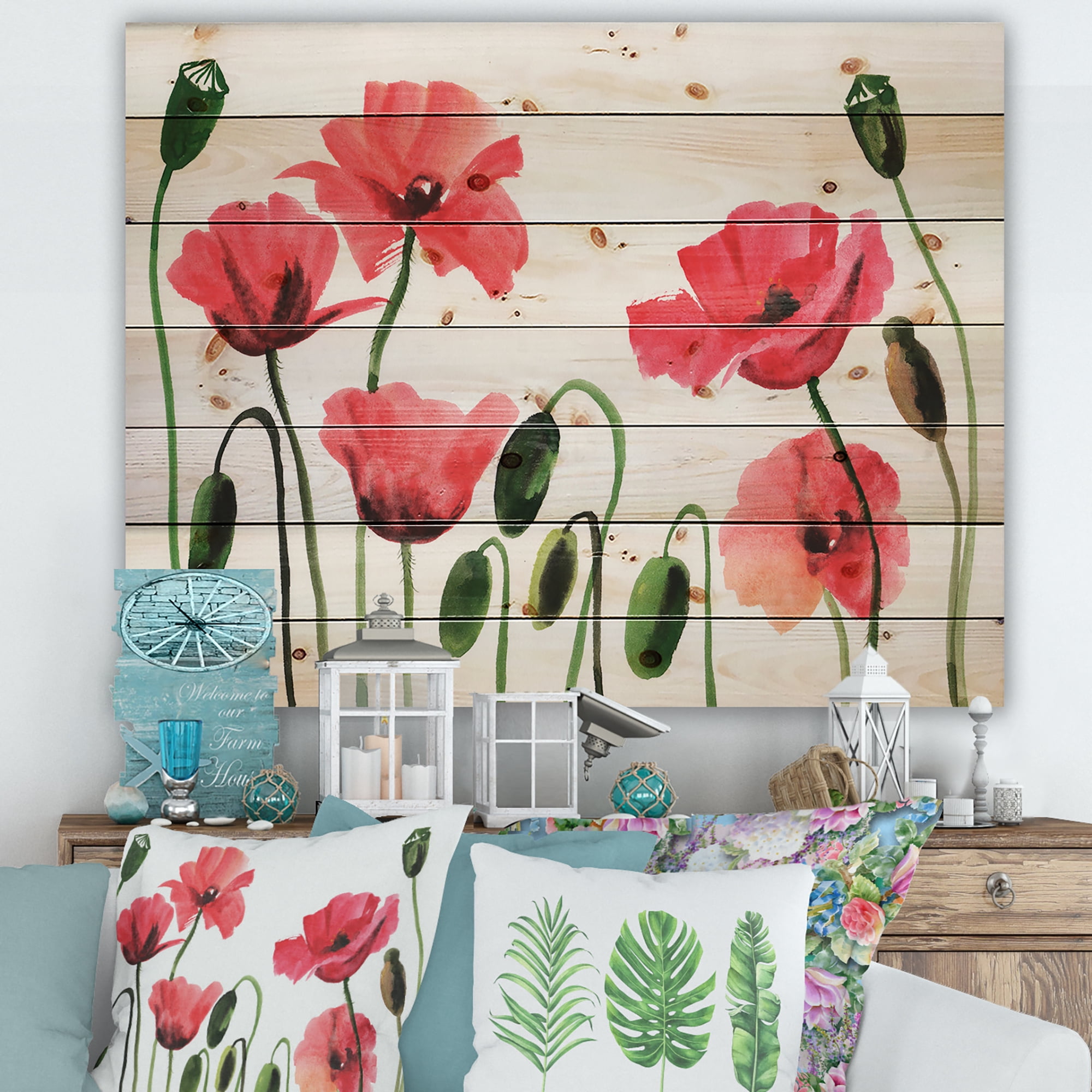 Designart 'Ancient Red Blooming Poppies' Traditional Print on Natural Pine Wood