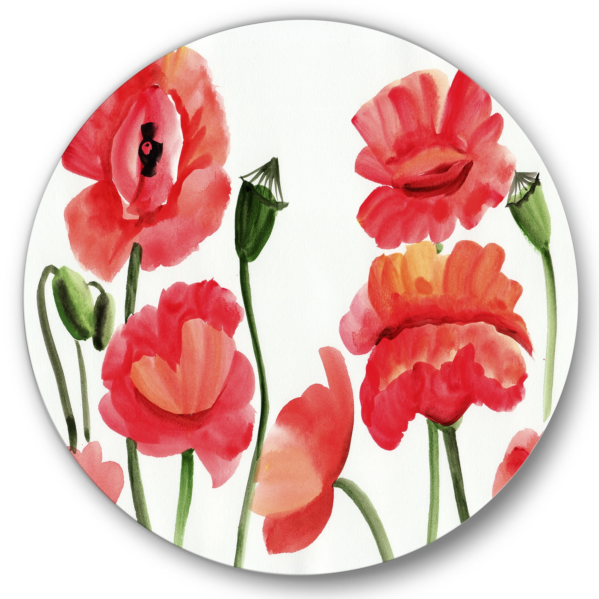 Designart 'Ancient Red Poppies I' Traditional Circle Metal Wall Art 36x36 - Disc of 36