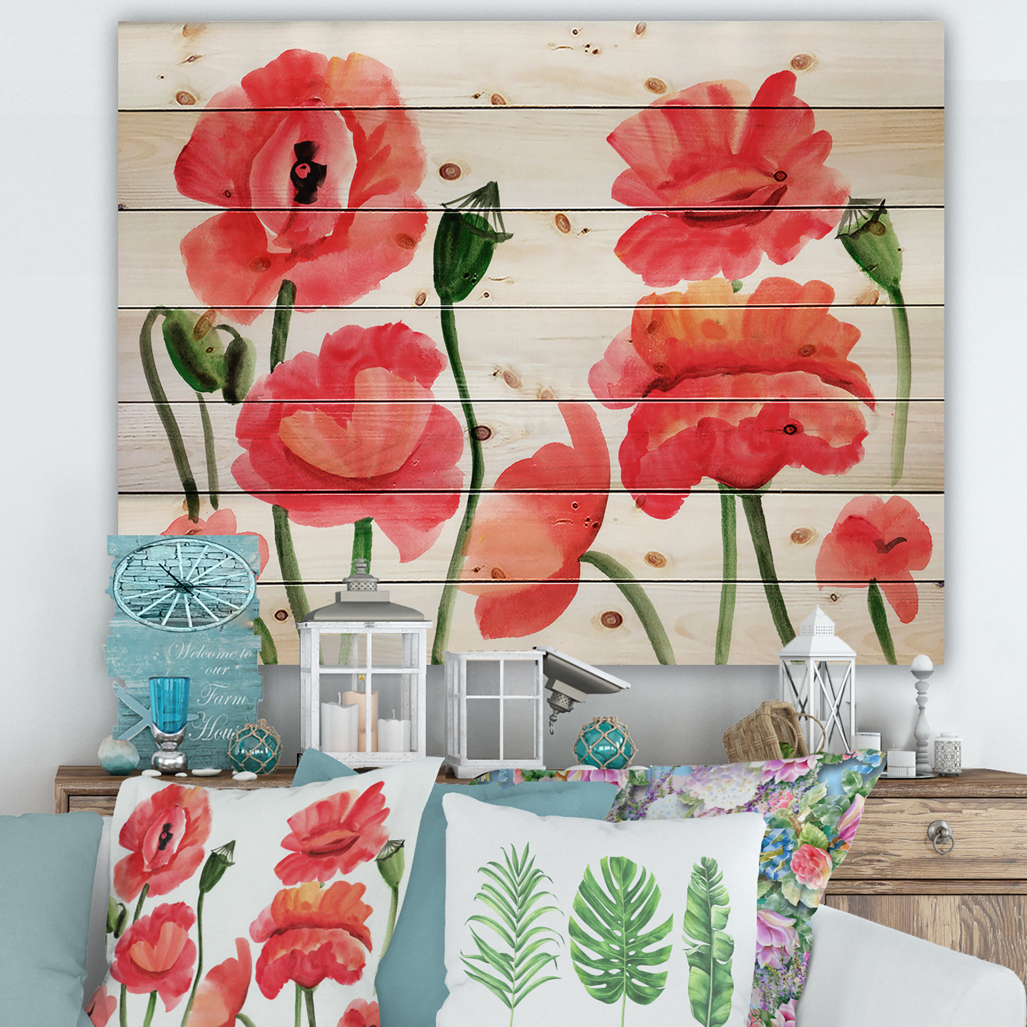 Designart 'Ancient Red Poppies I' Traditional Print on Natural Pine Wood