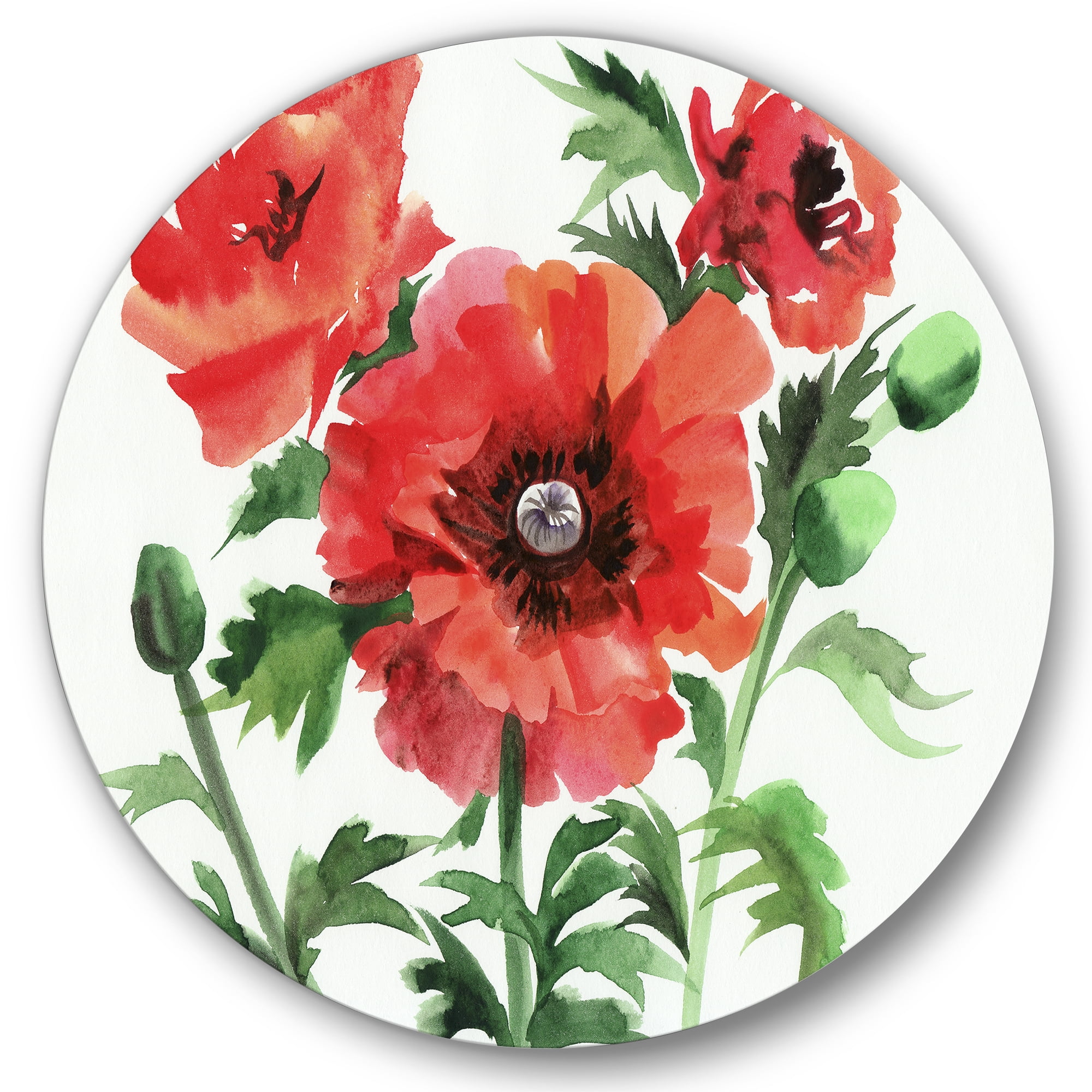 Designart 'Ancient Red Poppies II' Traditional Circle Metal Wall Art 23x23 - Disc of 23