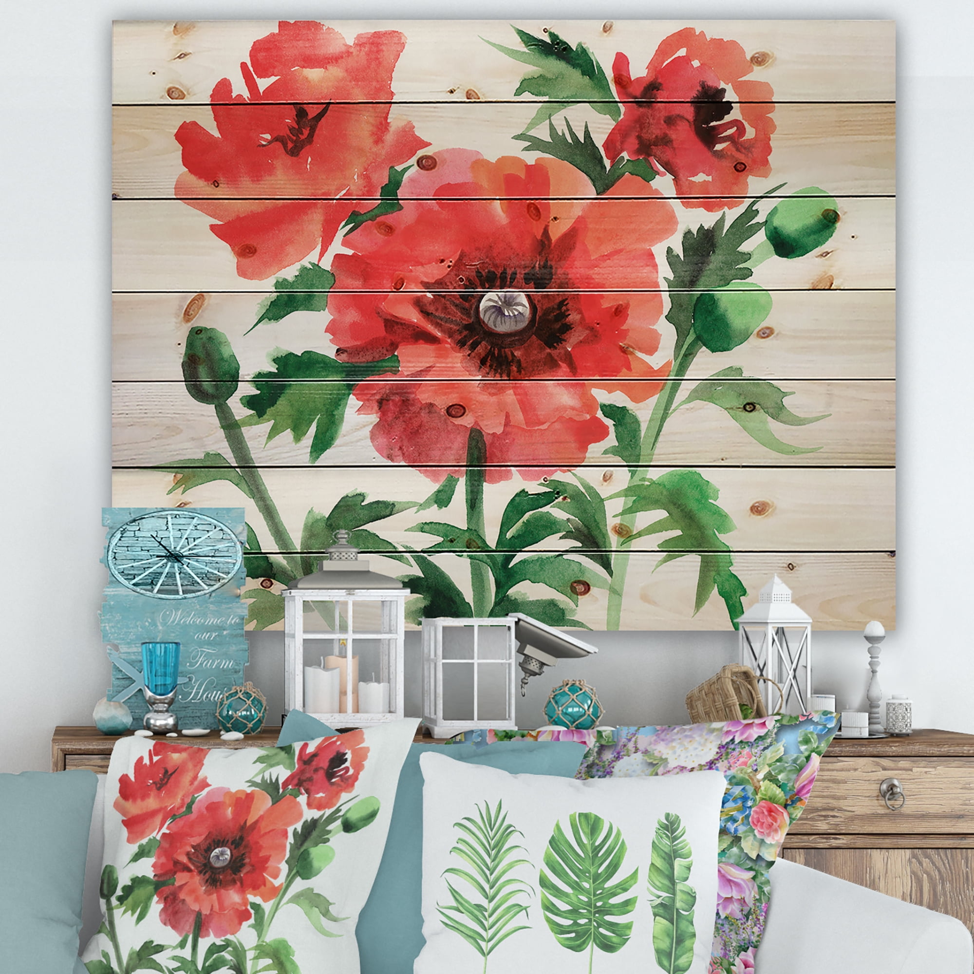 Designart 'Ancient Red Poppies II' Traditional Print on Natural Pine Wood