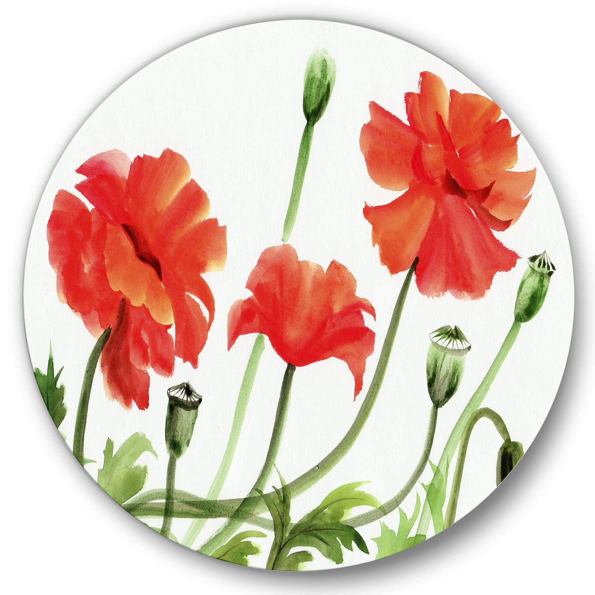 Designart 'Ancient Red Poppies III' Traditional Circle Metal Wall Art 29x29 - Disc of 29