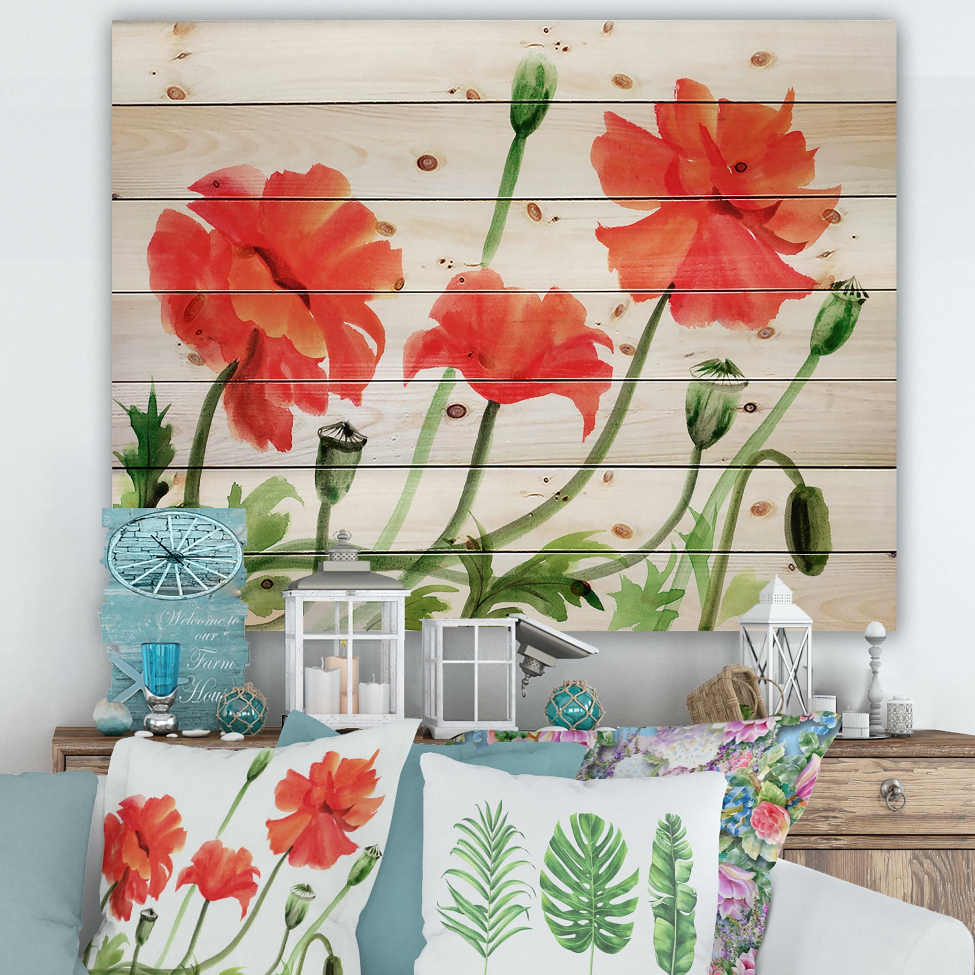 Designart 'Ancient Red Poppies III' Traditional Print on Natural Pine Wood