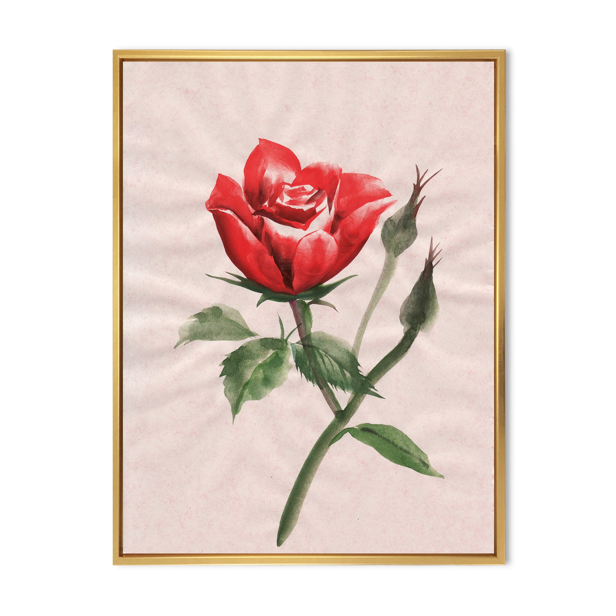 Designart 'Ancient Red Rose Flower II' Traditional Framed Canvas Wall Art Print