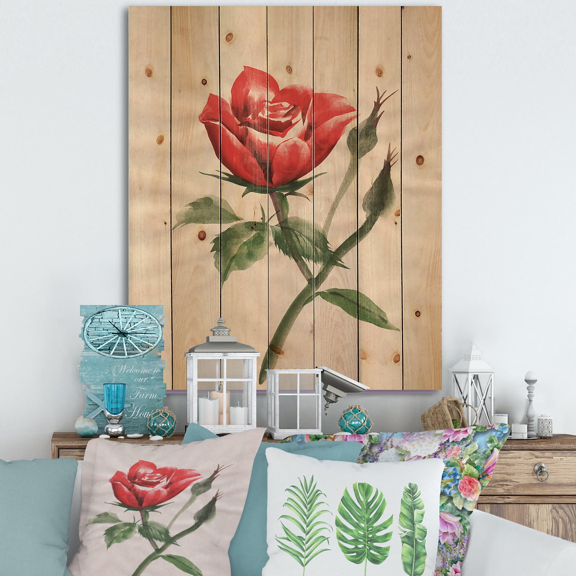 Designart 'Ancient Red Rose Flower II' Traditional Print on Natural Pine Wood