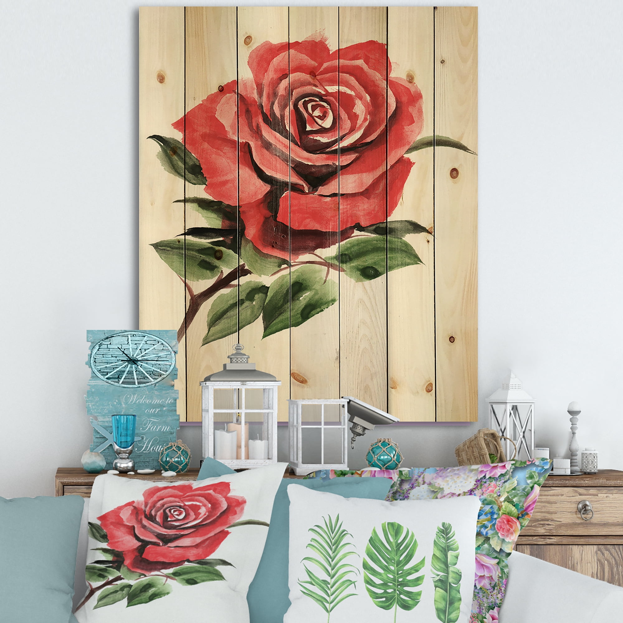 Designart 'Ancient Red Rose Flower III' Traditional Print on Natural Pine Wood