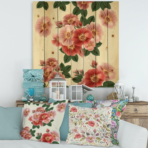 Designart 'Ancient Red Roses' Traditional Print on Natural Pine Wood