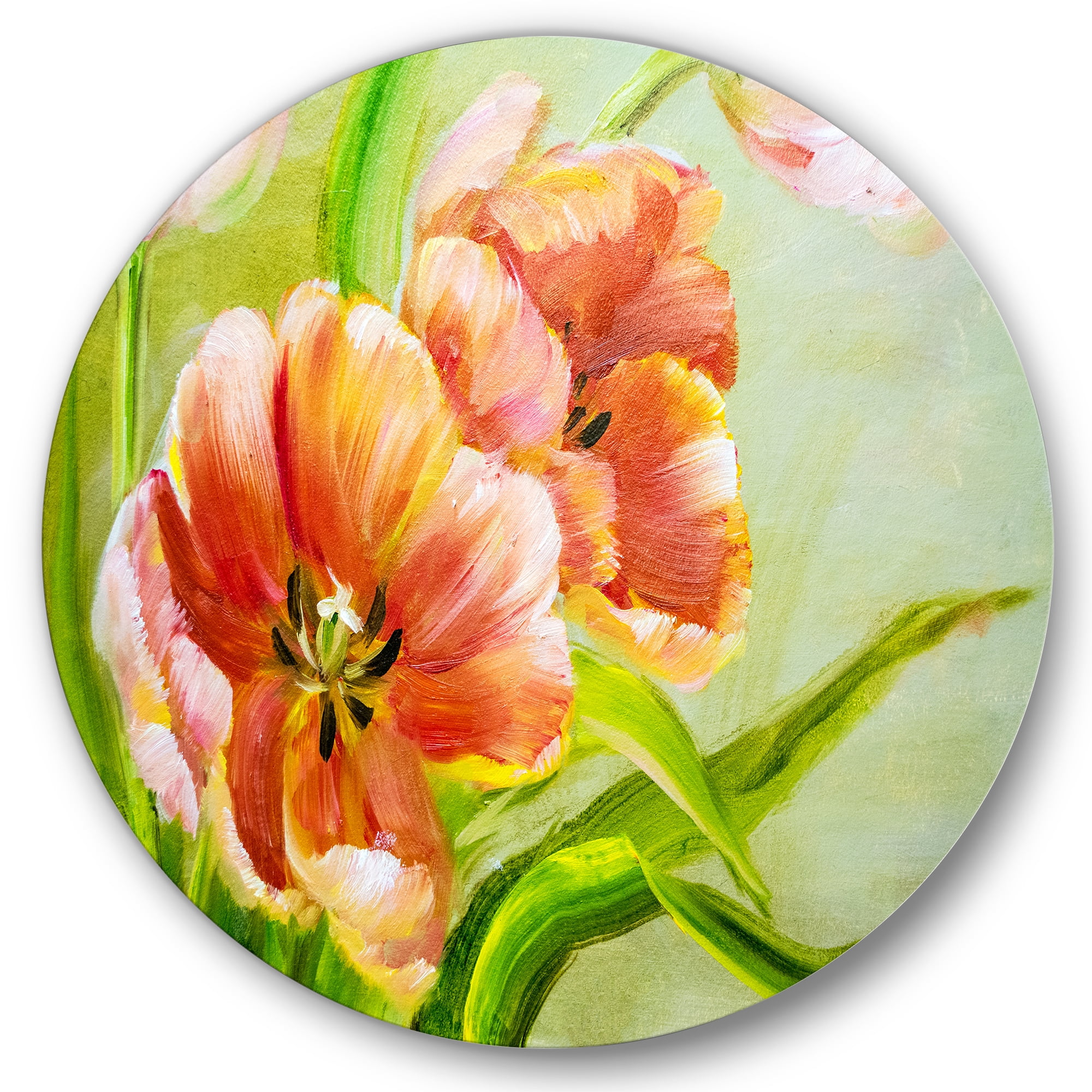 Designart 'Ancient Red Tulips Flowers II' Traditional Circle Metal Wall Art 36x36 - Disc of 36
