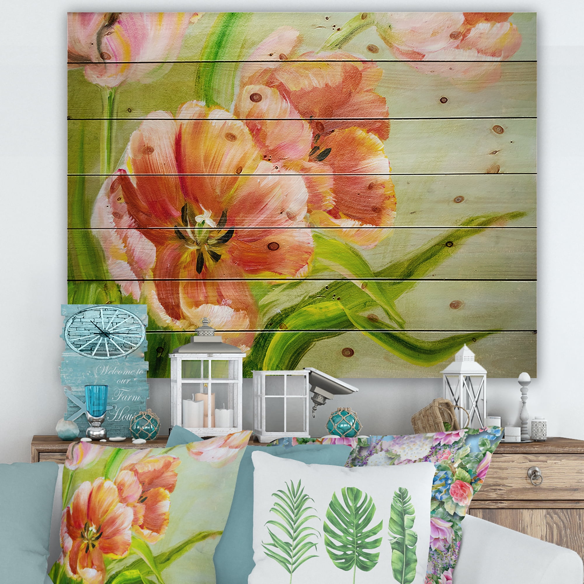 Designart 'Ancient Red Tulips Flowers II' Traditional Print on Natural Pine Wood