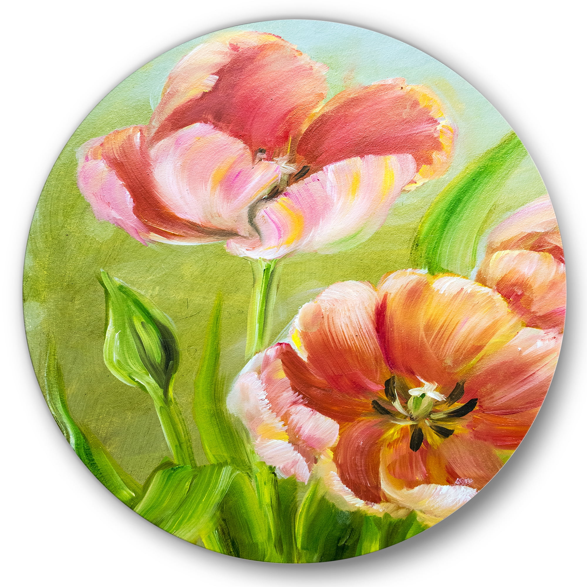 Designart 'Ancient Red Tulips Flowers III' Traditional Circle Metal Wall Art 23x23 - Disc of 23