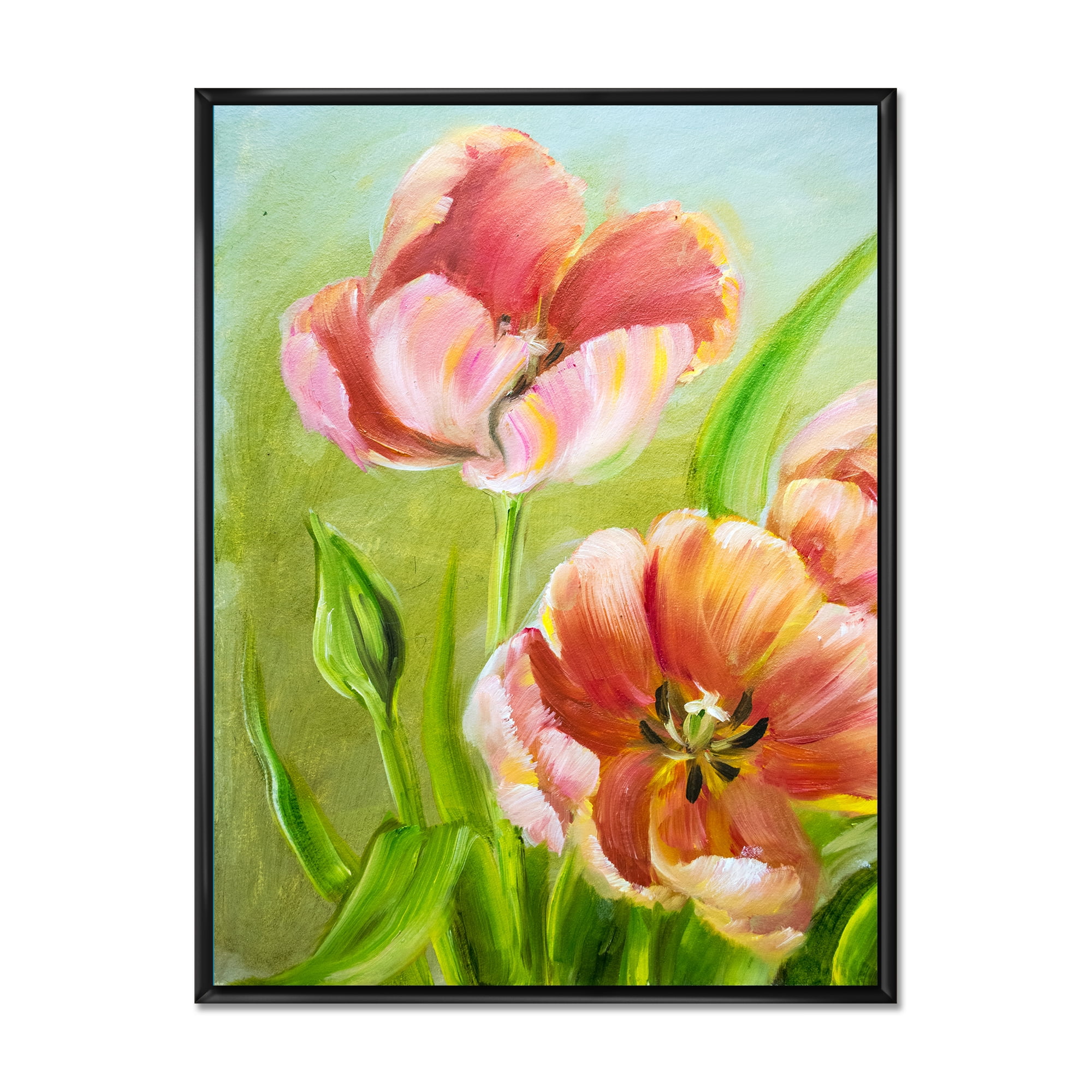 Designart 'Ancient Red Tulips Flowers III' Traditional Framed Canvas Wall Art Print