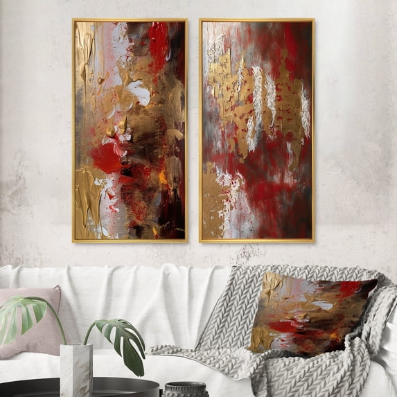 Designart "Ancient Revelations Gold and Red Abstract VI" Abstract Painting Framed Wall Art Set Of 2 - Modern Gold Framed Wall Art Set Of 2