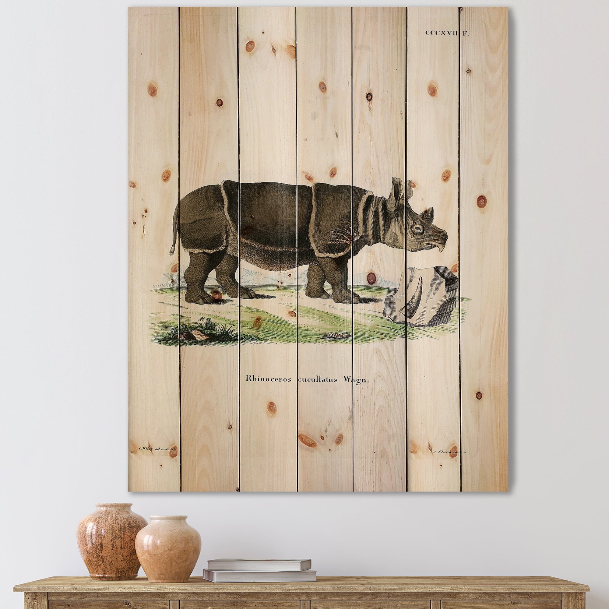 Designart 'Ancient Rhinoceros' Farmhouse Print on Natural Pine Wood