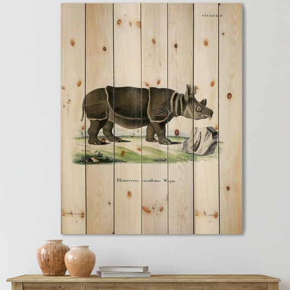 Designart 'Ancient Rhinoceros' Farmhouse Print on Natural Pine Wood
