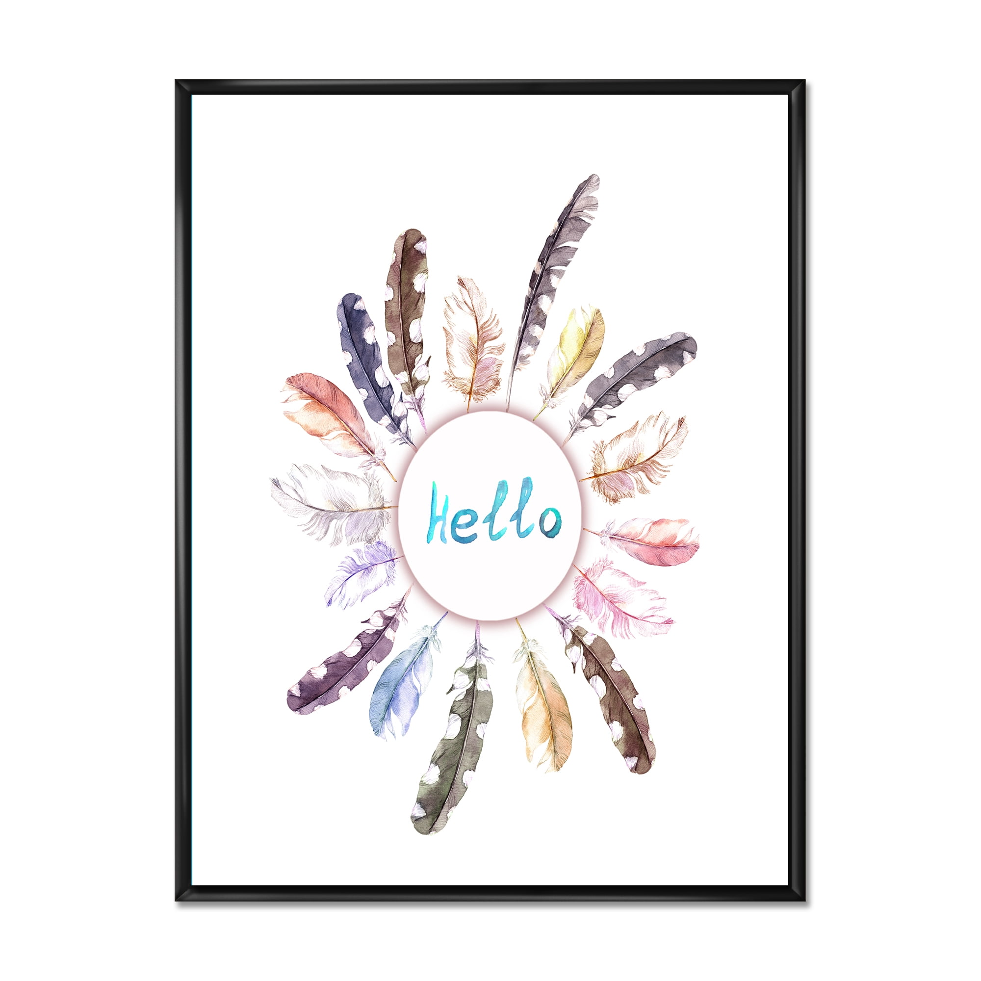 Designart 'Ancient Round Wreath With Birds Feathers' Bohemian & Eclectic Framed Canvas Wall Art Print