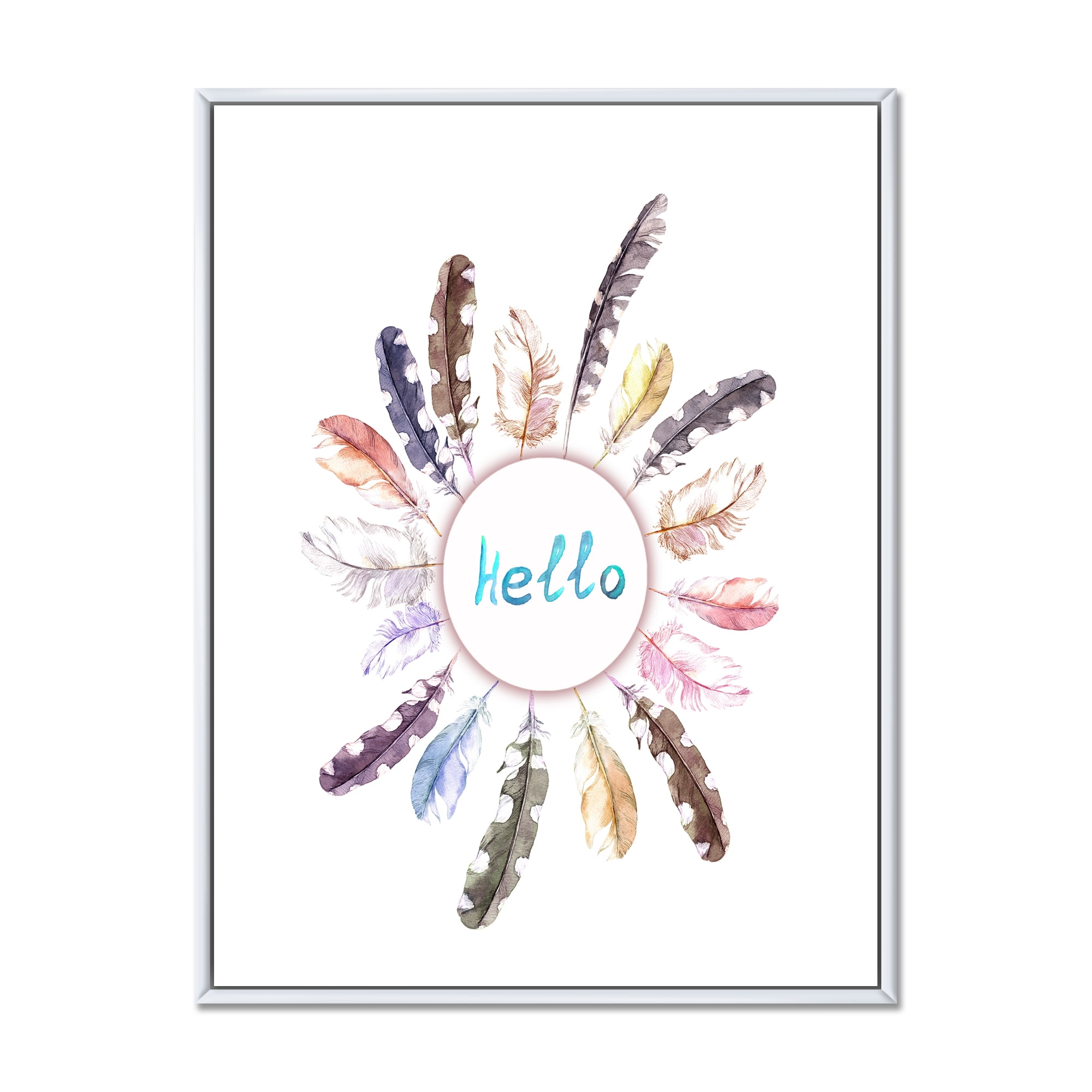 Designart 'Ancient Round Wreath With Birds Feathers' Bohemian & Eclectic Framed Canvas Wall Art Print