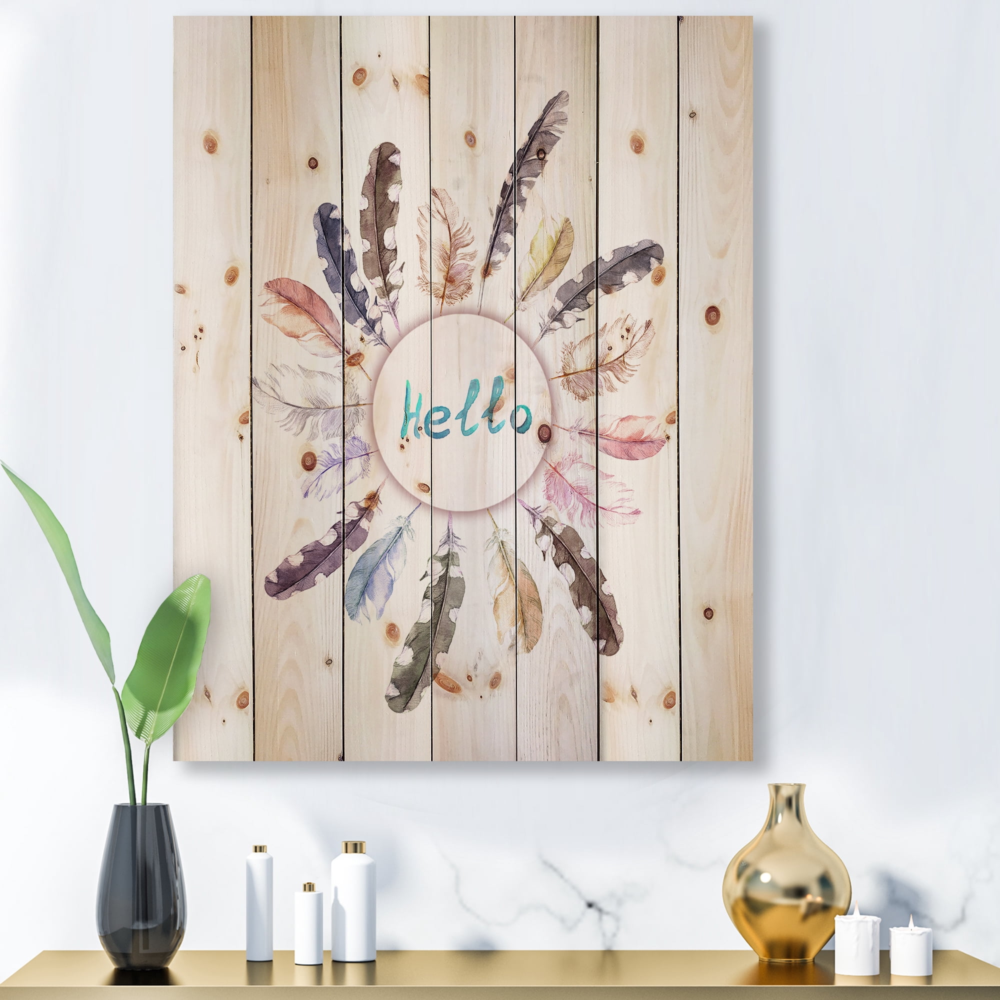 Designart 'Ancient Round Wreath With Birds Feathers' Bohemian & Eclectic Print on Natural Pine Wood
