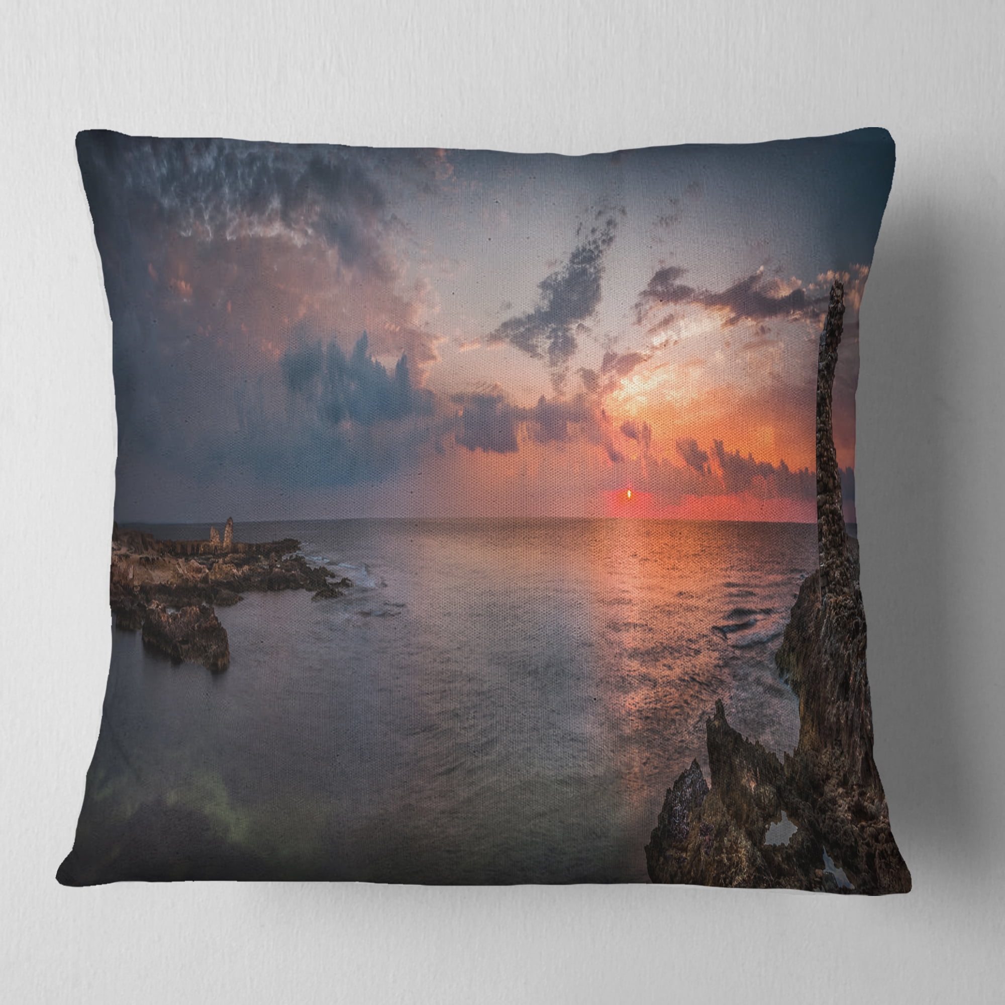 Designart Ancient Ruins and Beach Panorama - Oversized Beach Throw Pillow - 18x18