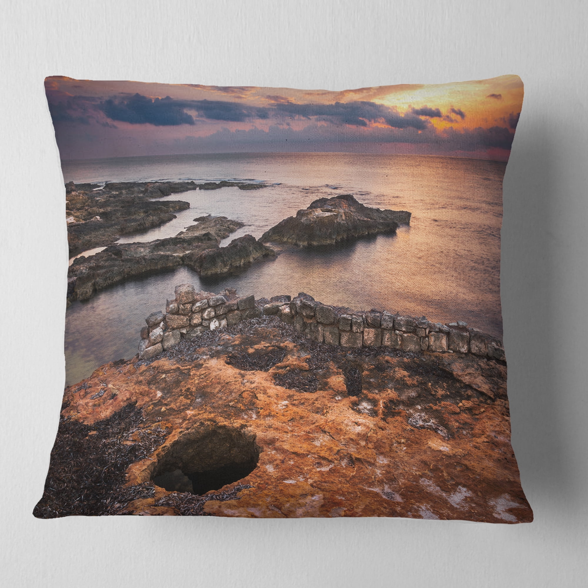 Designart Ancient Ruins on Beach Sunset - Oversized Beach Throw Pillow - 16x16