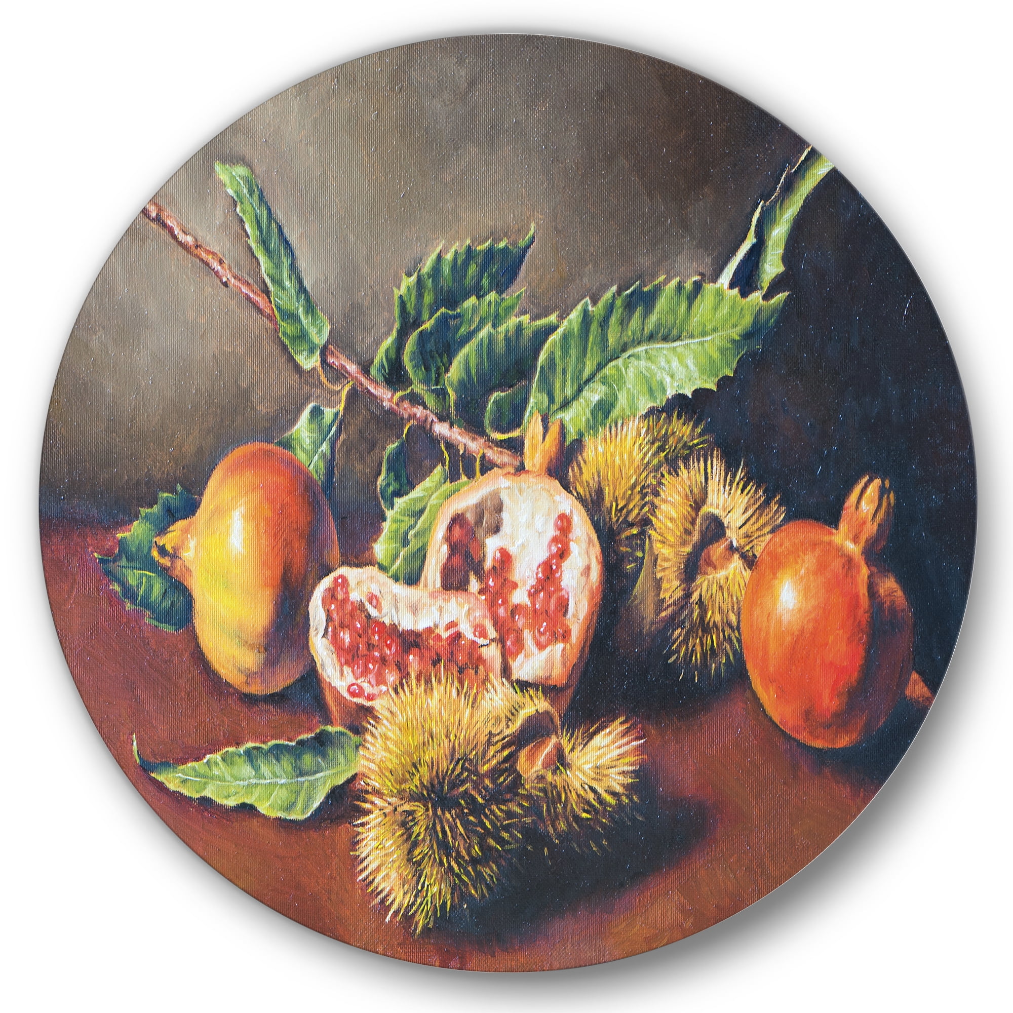 Designart 'Ancient Still Life of Orange Fruits' Traditional Circle Metal Wall Art 23x23 - Disc of 23