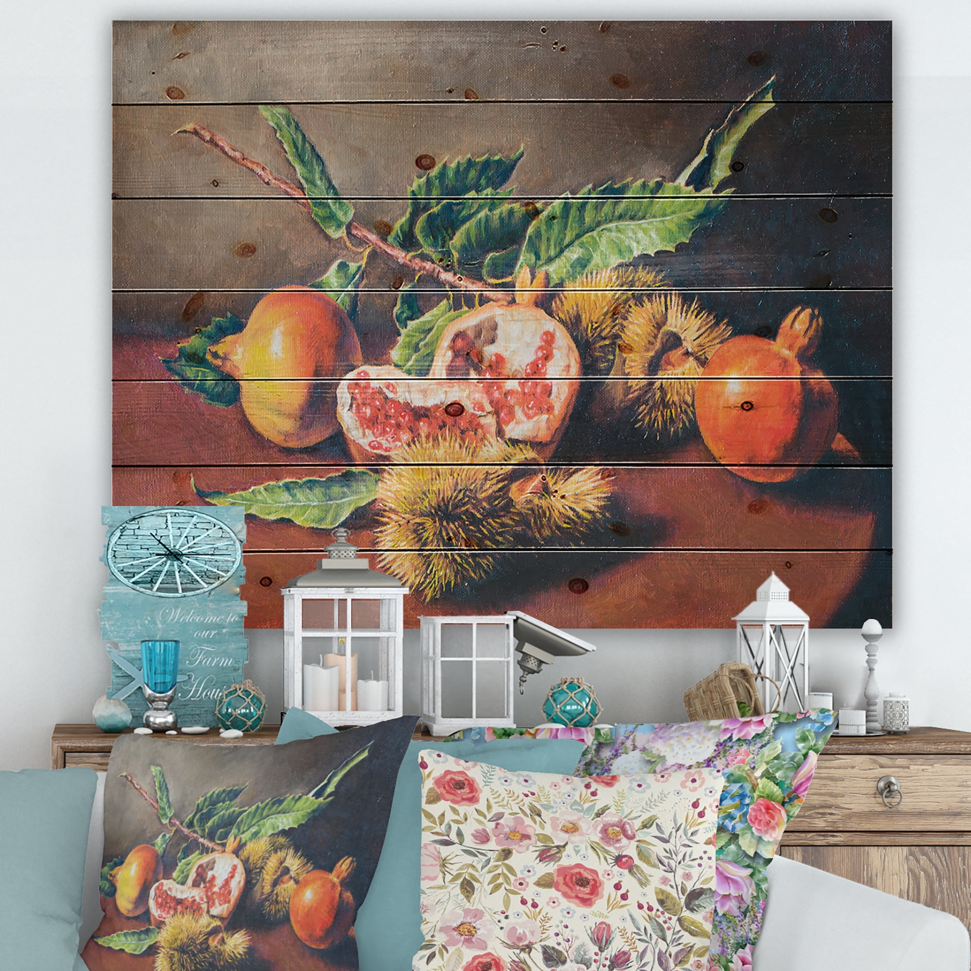 Designart 'Ancient Still Life of Orange Fruits' Traditional Print on Natural Pine Wood