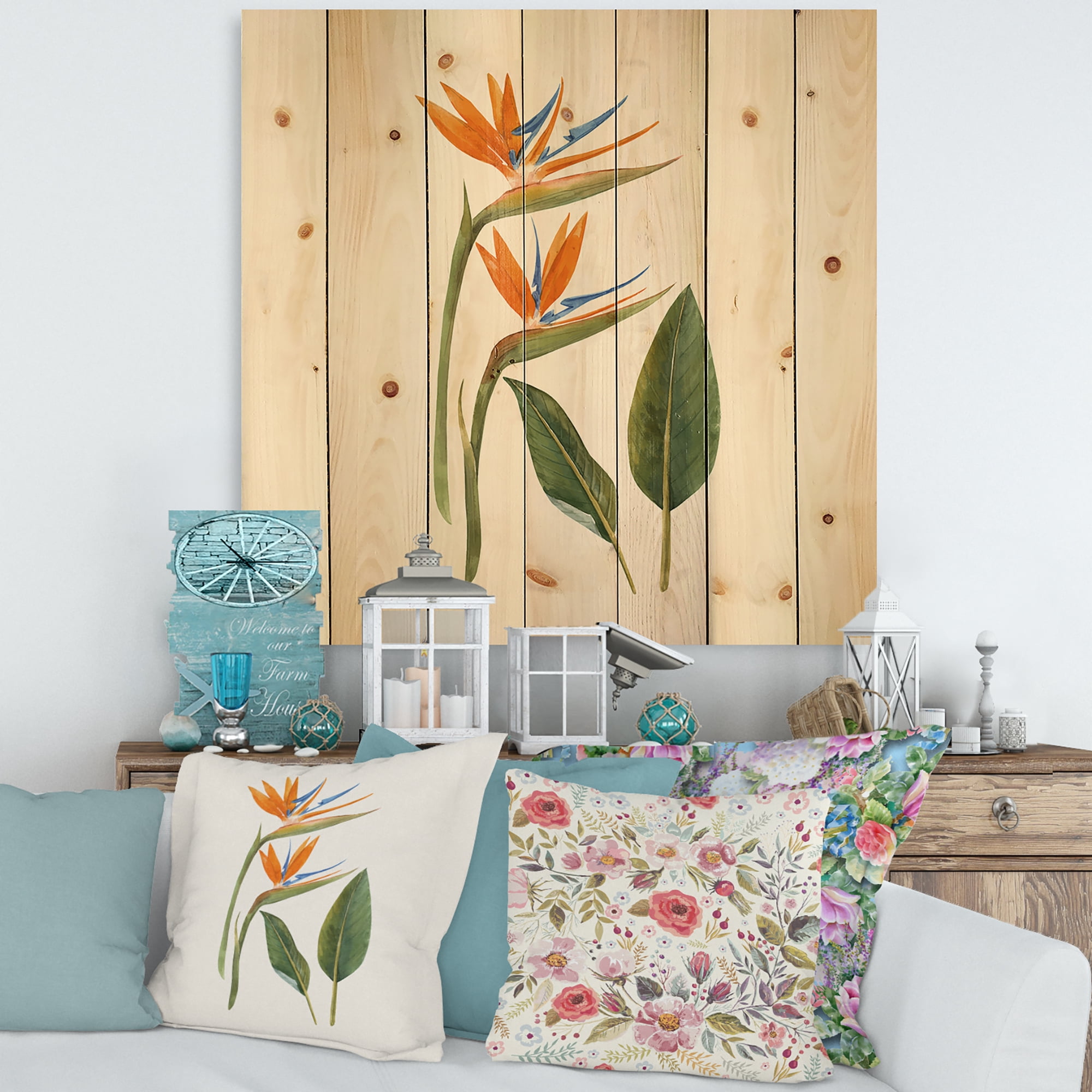 Designart 'Ancient Strelitzia Flowers' Traditional Print on Natural Pine Wood