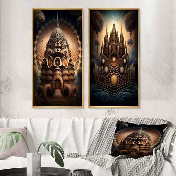 Designart "Ancient Temple Mystique Consciousness Unveiled III" Abstract Landscape Framed Wall Art Set Of 2 - Modern Gold Framed Canvas Set For Living Room Decor