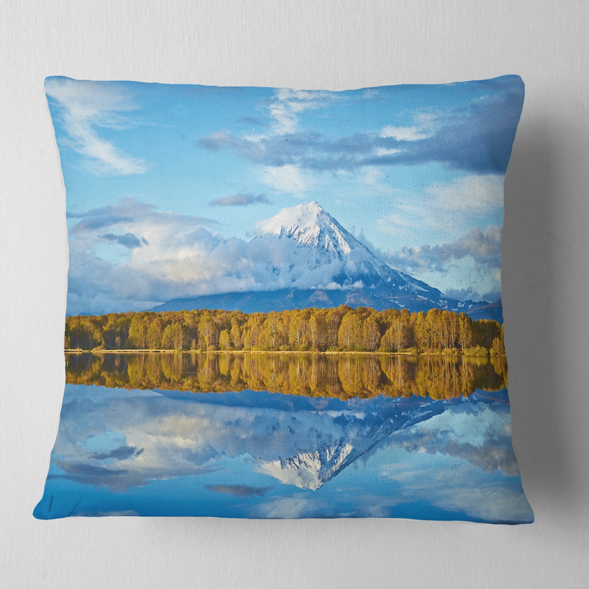 Designart Ancient Volcano and Lake Panorama - Landscape Printed Throw Pillow - 16x16
