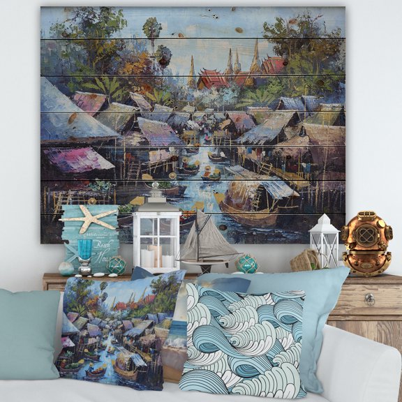 Designart 'Ancient Waterside Life I' Traditional Print on Natural Pine Wood