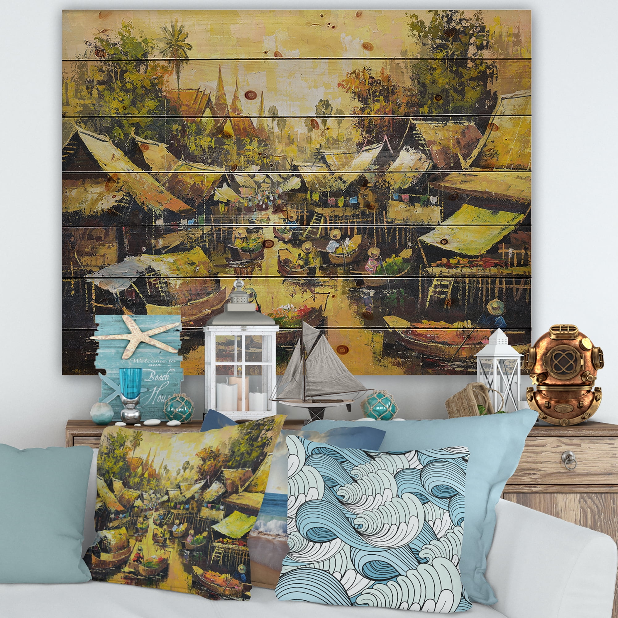 Designart 'Ancient Waterside Life II' Traditional Print on Natural Pine Wood