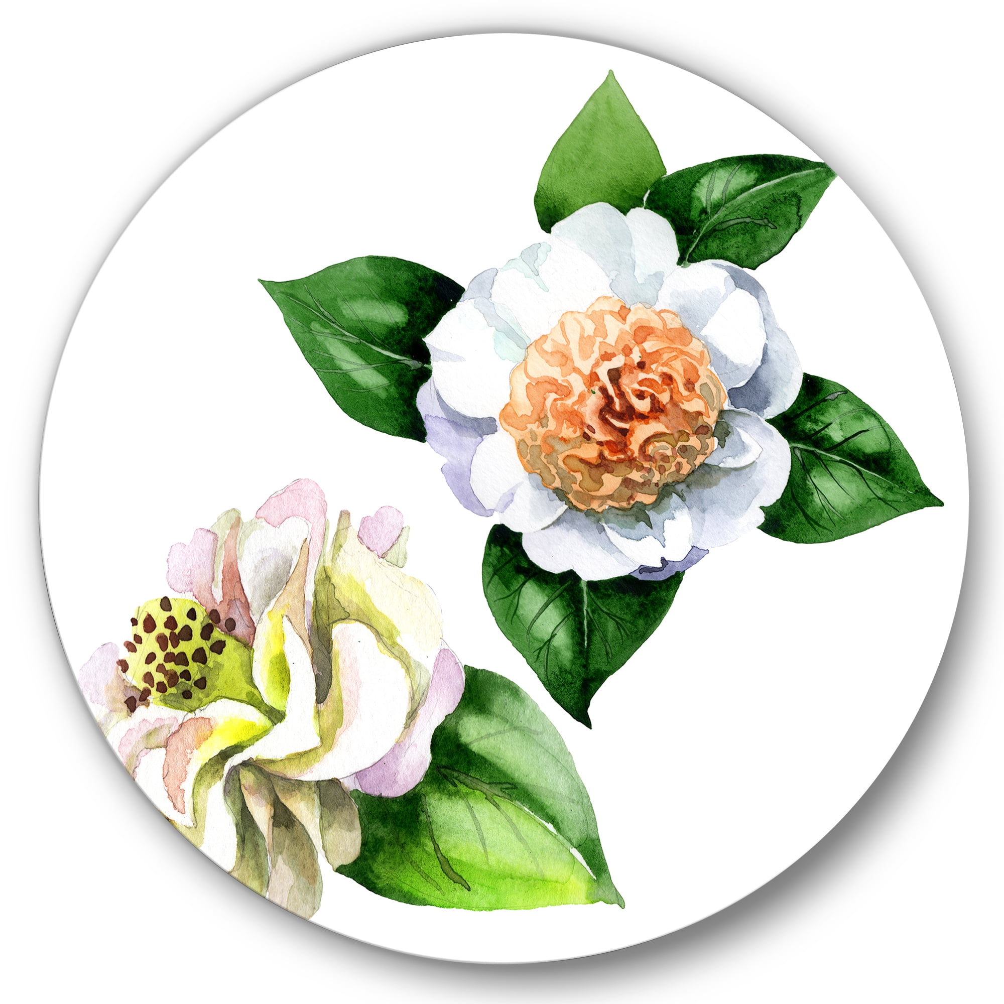 Designart 'Ancient White Camellia Flowers With Green Leaves' Traditional Circle Metal Wall Art 23x23 - Disc of 23