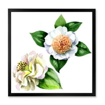 Designart 'Ancient White Camellia Flowers With Green Leaves' Traditional Framed Art Print