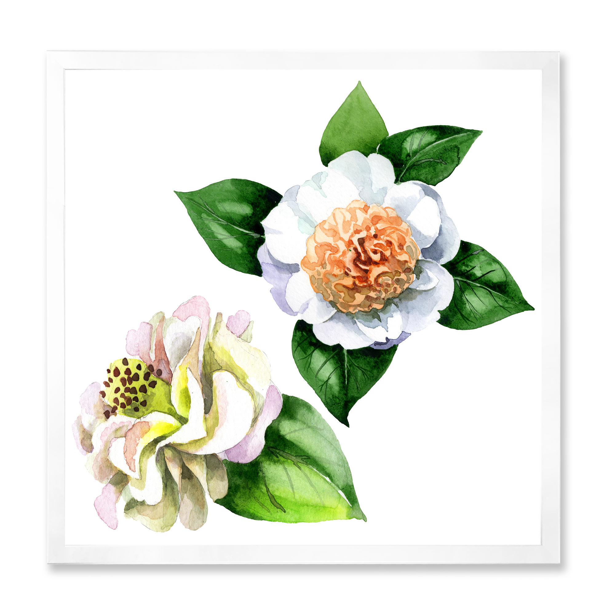 Designart 'Ancient White Camellia Flowers With Green Leaves' Traditional Framed Art Print