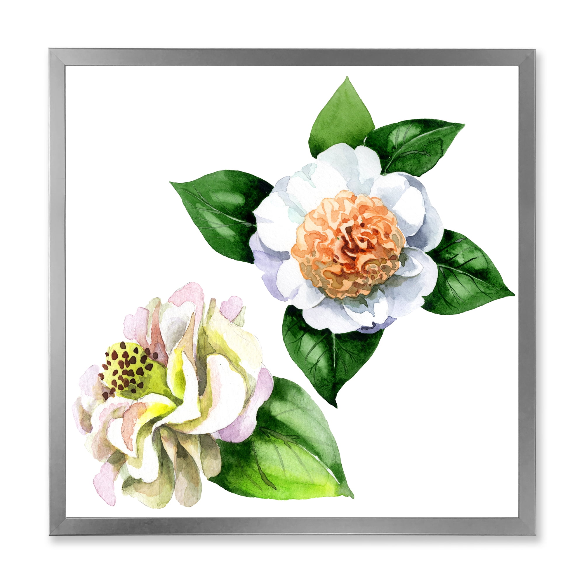 Designart 'Ancient White Camellia Flowers With Green Leaves' Traditional Framed Art Print