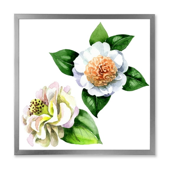 Designart 'Ancient White Camellia Flowers With Green Leaves' Traditional Framed Art Print