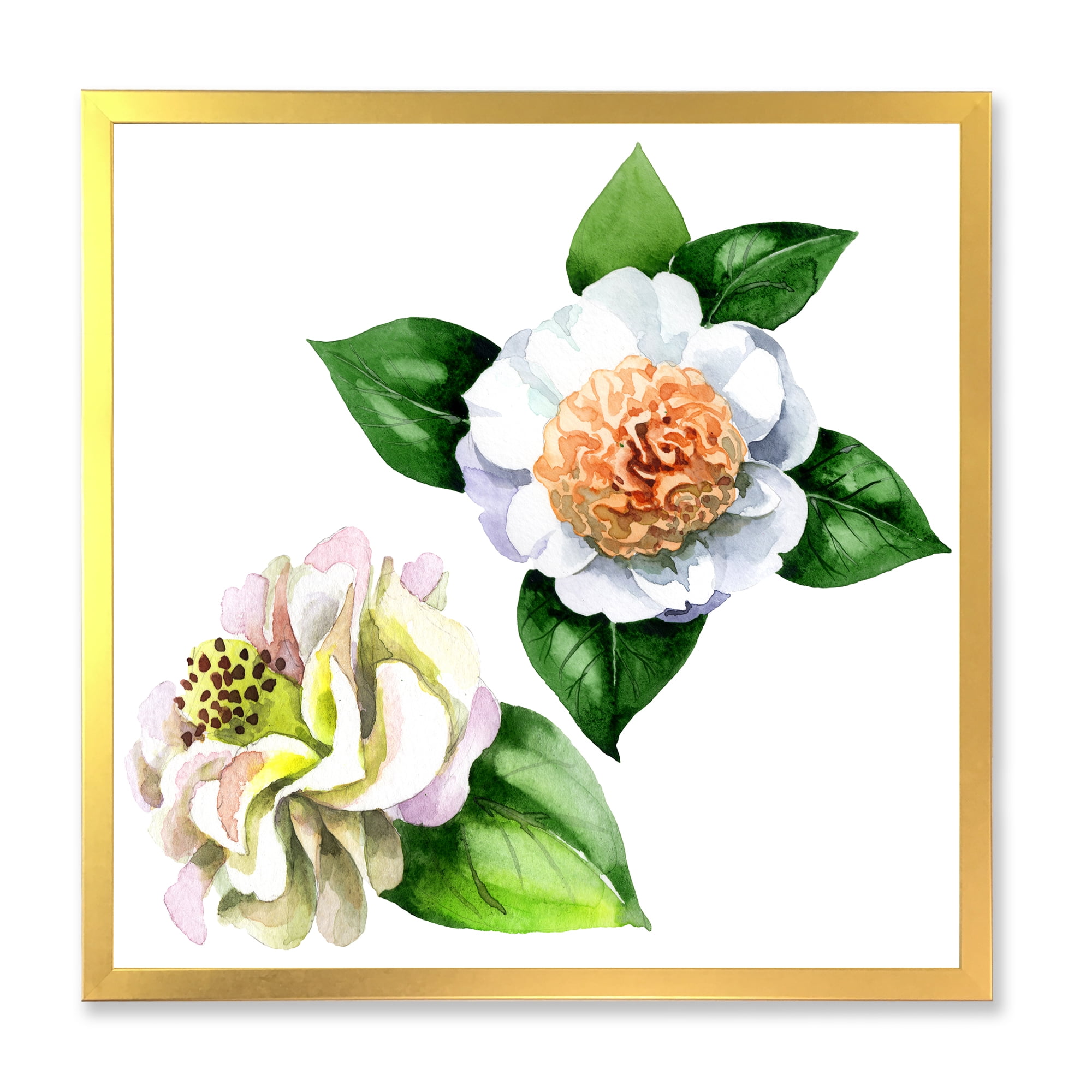 Designart 'Ancient White Camellia Flowers With Green Leaves' Traditional Framed Art Print