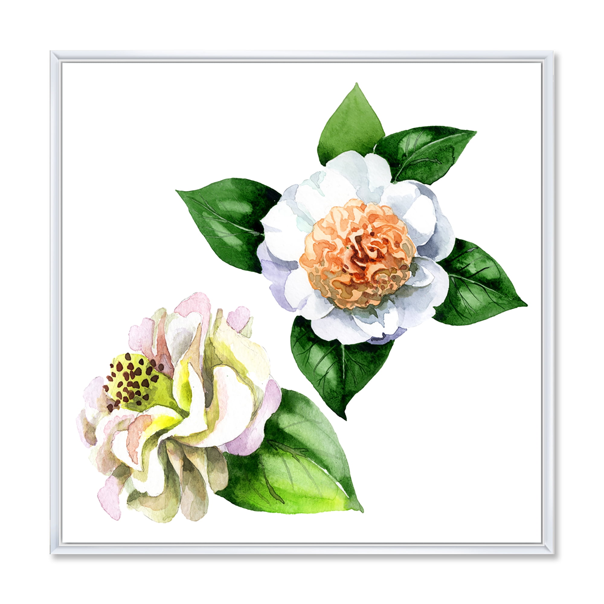 Designart 'Ancient White Camellia Flowers With Green Leaves' Traditional Framed Canvas Wall Art Print