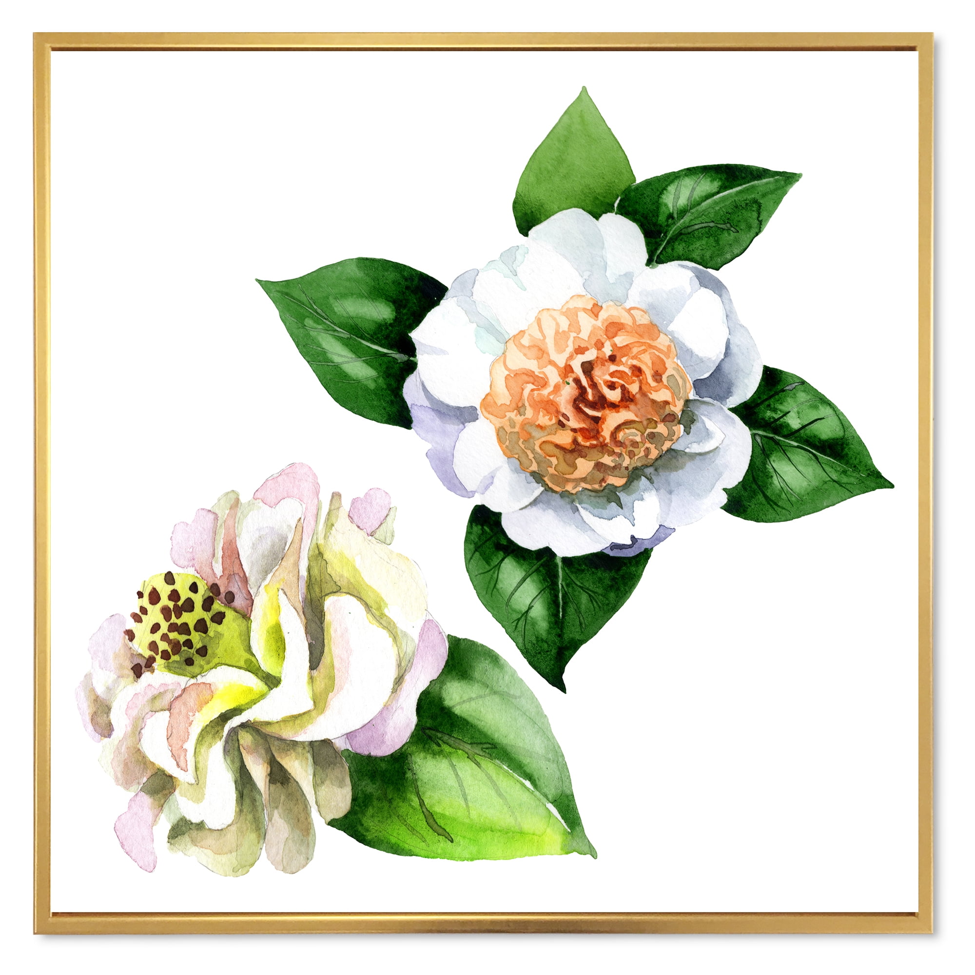 Designart 'Ancient White Camellia Flowers With Green Leaves' Traditional Framed Canvas Wall Art Print
