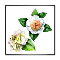 Designart 'Ancient White Camellia Flowers With Green Leaves' Traditional Framed Canvas Wall Art Print