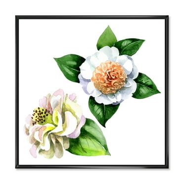 Designart 'Ancient White Camellia Flowers With Green Leaves' Traditional Framed Canvas Wall Art Print