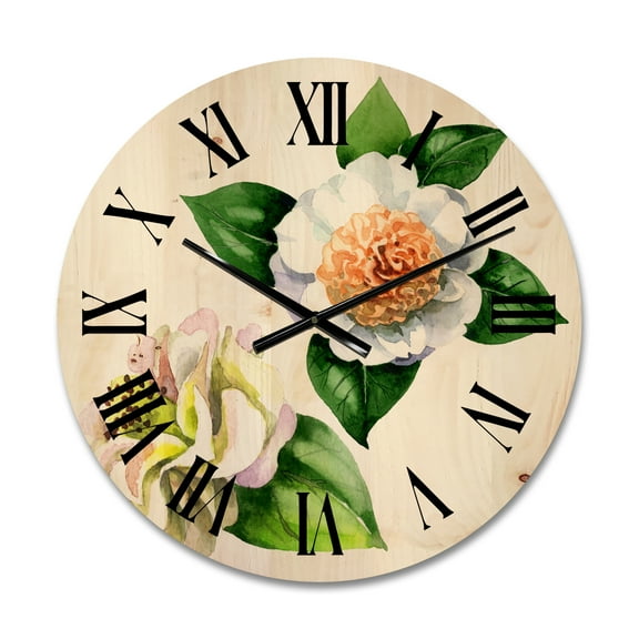 Designart 'Ancient White Camellia Flowers With Green Leaves' Traditional Wood Wall Clock
