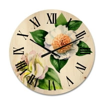 Designart 'Ancient White Camellia Flowers With Green Leaves' Traditional Wood Wall Clock