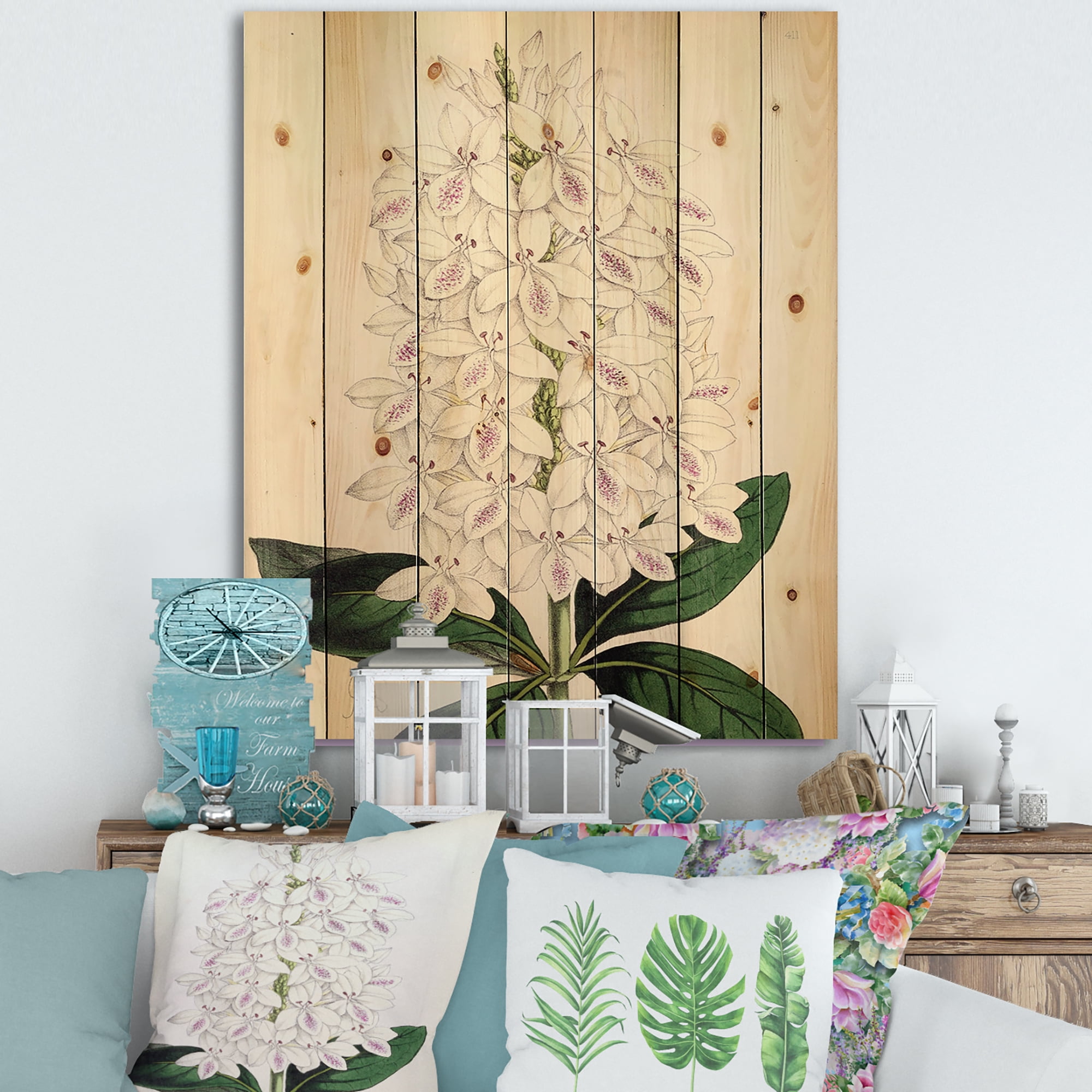 Designart 'Ancient White Orchid III' Traditional Print on Natural Pine Wood