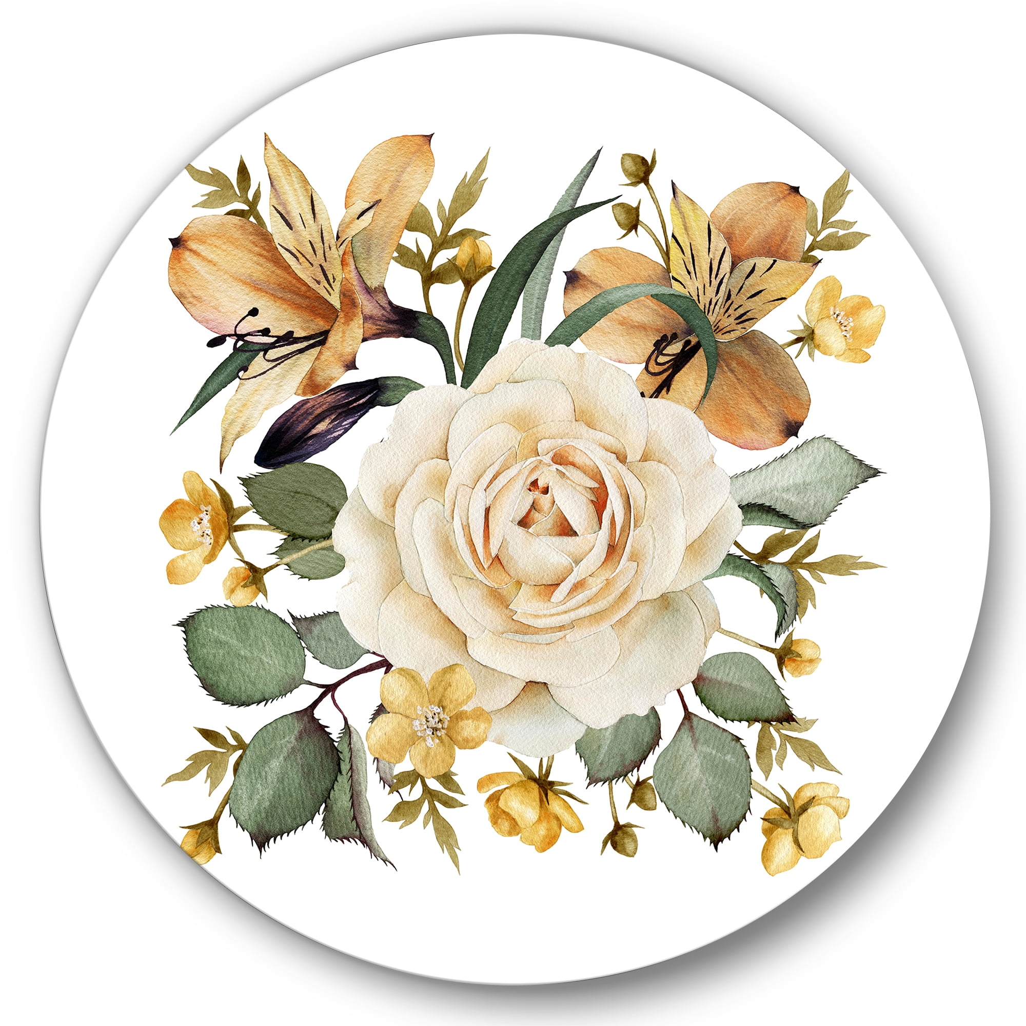 Designart 'Ancient White Rose' Traditional Circle Metal Wall Art 29x29 - Disc of 29