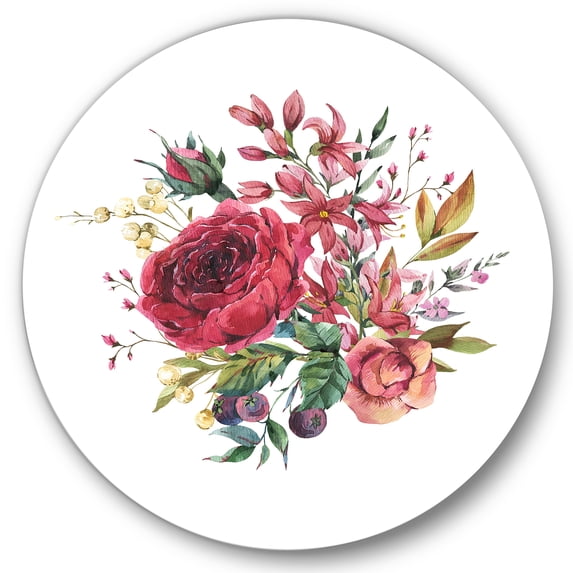 Designart 'Ancient Wildflowers and Burgundy Rose' Farmhouse Circle Metal Wall Art 11x11 - Disc of 11