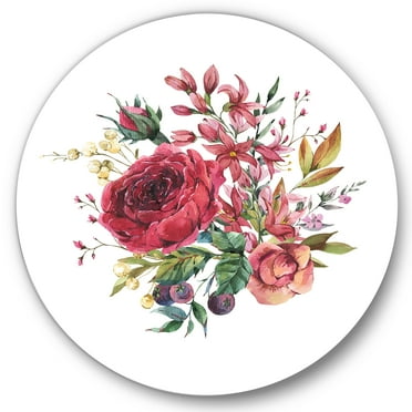Designart 'Ancient Wildflowers and Burgundy Rose' Farmhouse Circle Metal Wall Art 36x36 - Disc of 36
