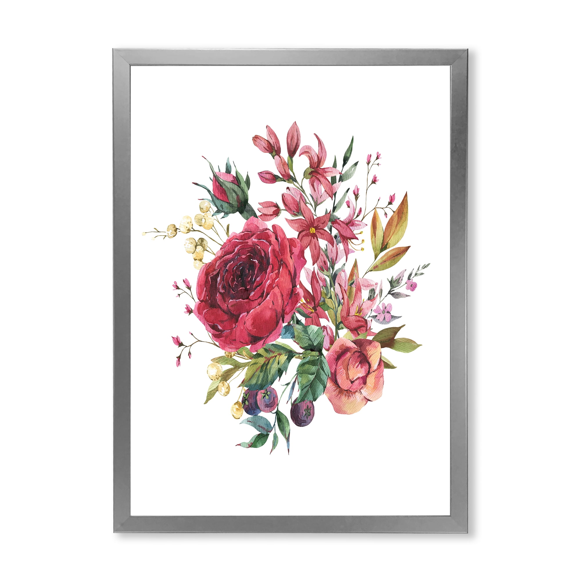 Designart 'Ancient Wildflowers and Burgundy Rose' Farmhouse Framed Art Print