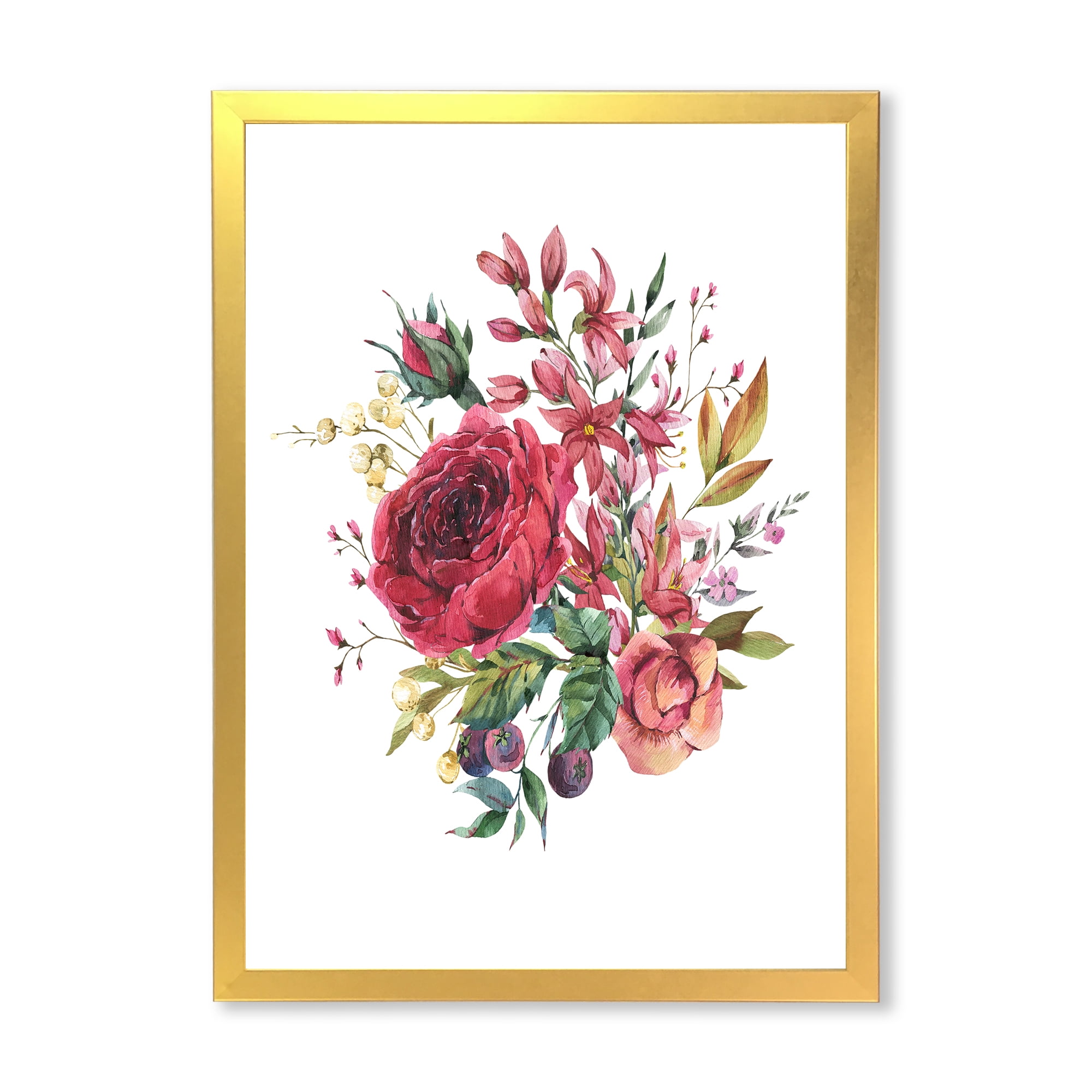 Designart 'Ancient Wildflowers and Burgundy Rose' Farmhouse Framed Art Print