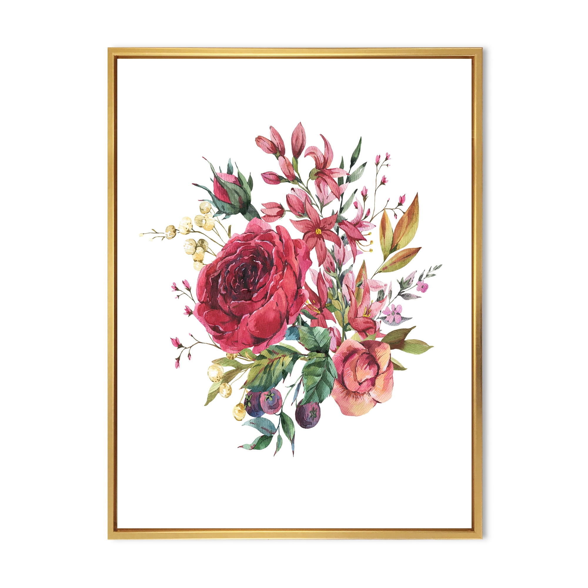 Designart 'Ancient Wildflowers and Burgundy Rose' Farmhouse Framed Canvas Wall Art Print